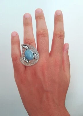 ANELLO DONNA ARGENTO MASSICCIO 925 CON ANGELITE NATURALE GOCCIA CABOCHON DESIGN - Immagine 1 di 4