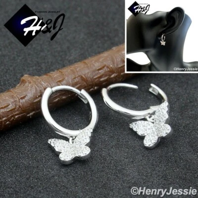 WOMEN SOLID 925 STERLING SILVER ICY CZ BUTTERFLY DANGLE HUGGIE HOOP EARRING*E253 - Image 1 of 4