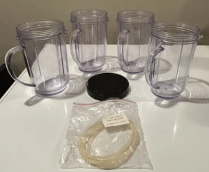 4 Magic Bullet Blender Cups w/ Handles, 4 Blade Gaskets, 1 Black Lid - Picture 1 of 4