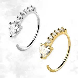 Lined CZ Heart End Surgical Steel Nose Ring Hoop Nostril Piercing Jewelry - Picture 1 of 7