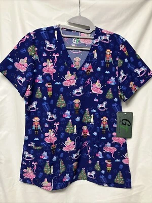 GT Performance Scrubs Top Small Blue Xmas Mice V-Neck Medical NWT Women's - Image 1 of 4