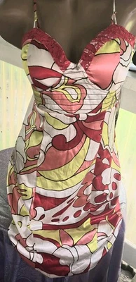 Vestido XOXO Satinado Raro Vintage Bustier 11/12 Florence Garden Op Art Rojo Blanco L Foto 1 de 4