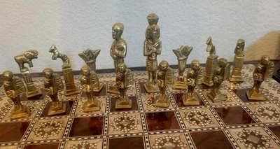 Bronze Gold Gilt Egyptian Chess Set 3.75" King 16" Wood Marquetry MOP Board Rare - Image 1 of 4