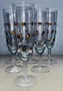 Set Of 6 Crystal Clear Champagne Flutes With Raised Multicolor Polka Dots - Picture 1 of 7