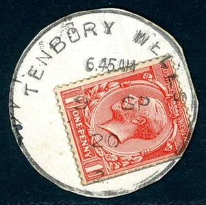 1920 GB Worcestershire Tenbury Wells 2 skeleton postmark on piece - Imagen 1 de 1