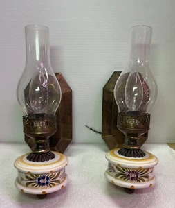 Vintage Pair Ceramic Floral Wall Sconces Brass/Cottage Style Hurricane Yellow - Picture 1 of 14