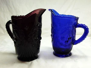 Depression Style Glass Pitcher Cherry Design, Select 1 - Cobalt Blue or Amethyst - Picture 1 of 7