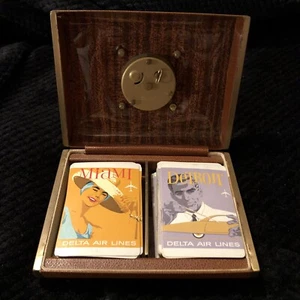 Vtg 50s Phinney-Walker Travel Clock Box. Delta Airlines Playing Cards Inside - Picture 1 of 11
