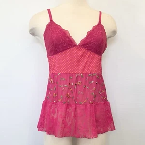 Y2K Victoria’s Secret Nylon Hot Pink 2006 Polka Dot Mesh Lace Babydoll Camisole - Picture 1 of 7