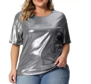 Agnes Orinda Women's Metallic Holographic Concert Carival Party Blouse Silver - Picture 1 of 4