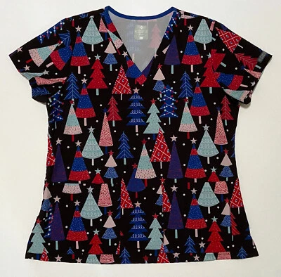 Med Couture Prints V-Neck Holiday Xmas Scrub Top Christmas Trees Women's Large - Image 1 of 4