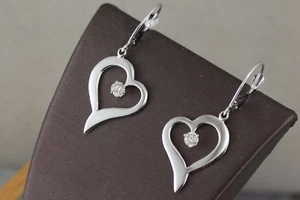 Ladies Heart Diamond Earrings 14kt White Gold - Picture 1 of 8