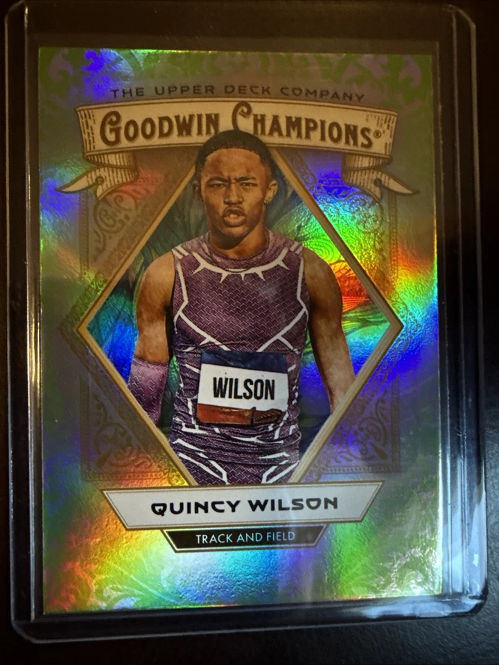 QUINCY WILSON #44 2025 UD Goodwin Champions NEON GREEN RAINBOW TRACK FIELD - Image 1 of 2