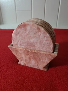 VTG Pink Marble COASTER Set of 6 w/ Holder Stone 3 7/8" Round EUC - Picture 1 of 4