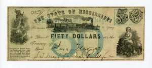 1862 Cr.38 $50 The State of MISSISSIPPI Note - CIVIL WAR Era w/ TRAIN - Picture 1 of 2