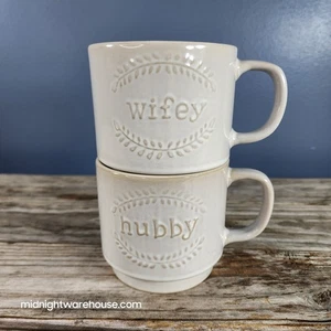 Wifey Hubby Stackable Coffee Tea Cocoa Mug Set Sheffield Home Beige White Stone - Picture 1 of 7