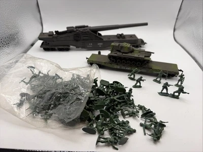 Vintage AHM U.S. Army Big Gun Train Car/ Tank On Flatbed And Army Minimen  - Image 1 of 3