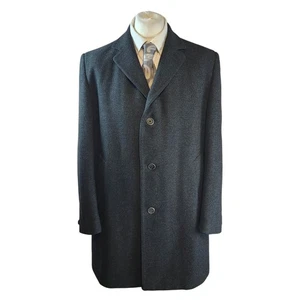 Crombie Dunn & Co Mens Overcoat Size 46 Dark Grey Wool Tweed Herringbone Vintage - Picture 1 of 17