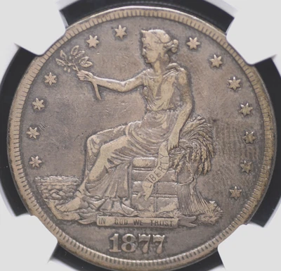 1877 S TRADE DOLLAR NGC CHOICE VERY FINE 35 VERY PLEASING WITH NO DISTRACTIONS - Image 1 of 4
