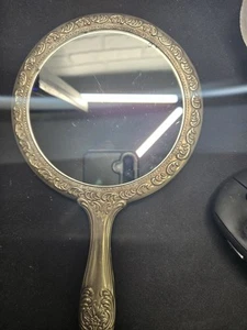 Vintage Vanity Hand Held Mirror Ornate Silver Plated Embossed 9’ - Picture 1 of 7