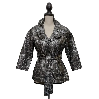 Ruby Rd. Petite 6P Lightweight Unlined Black Metallic Silver Belted Jacket New - Image 1 of 4