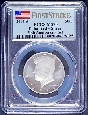  2014 S 50th Anniversary Enhanced Kennedy Silver 50C PCGS MS70 First Strike - Image 1 of 2