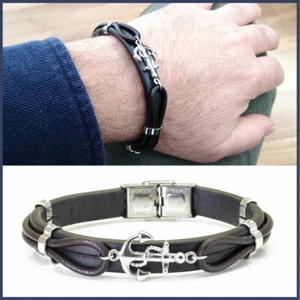 Bracciale da uomo con ancora in acciaio pelle misura braccialetto regolabile - Imagen 1 de 7