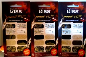 3 Kiss Mani Pop Nail Strips Black, White, Gold Glitter Spiders Webs 16 #87792 - Picture 1 of 1