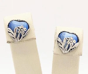 Sterling Silver Blue Star Sapphire Flower Floral Design Heart Stud Earrings - Picture 1 of 8