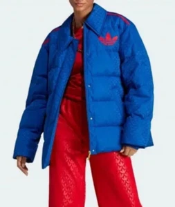 Adidas Women’s Heritage Now Monogram Trefoil Down Puffer Jacket Blue Sz M NWT - Picture 1 of 11