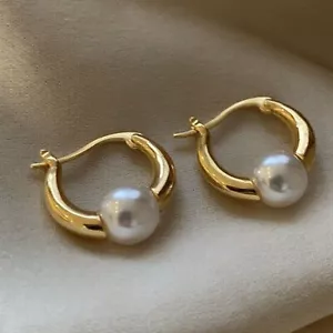 1 Pair Fashion Gold Plated White Pearl Hoop Earrings for Women,Pearl Earrings - Picture 1 of 4