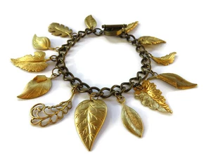 Vintage Brass Golden Leaf Leaves Multi Charm Chain Toggle Bracelet - Picture 1 of 3