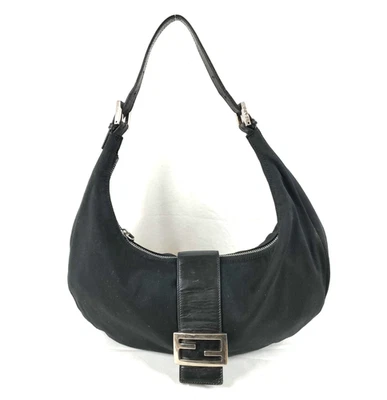 FENDI Mamma Baguette Hobo Croissant Shoulder Bag Half Moon Black Nylon - Image 1 of 4
