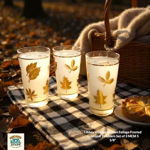 Libbey Vintage Golden Foliage Frosted Gold Leaf Tumblers Set of 3 MCM 5 5/8" - Imagen 1 de 10