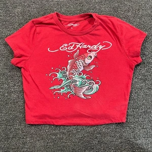 Ed Hardy Shirt Women' s Large Red Koi Fish Graphic Crop Tee Streetwear - Picture 1 of 10