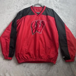 Wisconsin Badgers Jacket Mens Large Red Windbreaker Pullover Big Logo NCAA Y2K - Picture 1 of 17