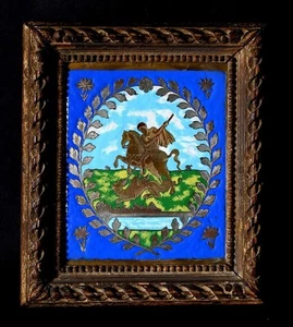Antique Russian Enamel Icon • Saint George Slaying Dragon • 19thC Orthodox Art - Picture 1 of 3