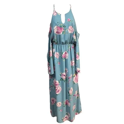 Everly Maxi Dress M Blue Floral Cold Shoulder Cinched Waist Cottagecore BOHO - Image 1 of 4