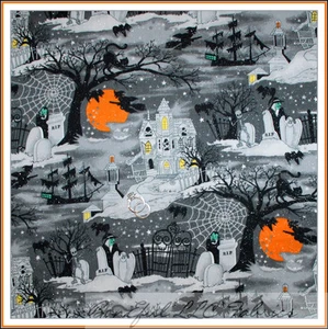 BonEful Fabric FQ Cotton Quilt B&W STAR Halloween Scenic Skeleton Skull Cat Bat - Picture 1 of 13