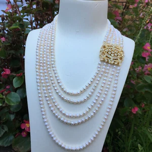 128 Freshwater 5~6mm pearl Elegant luxury five strands necklace White AAA Luster - Picture 1 of 11