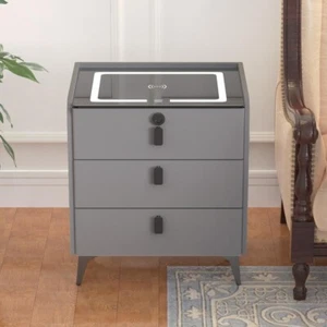 Dark grey three drawer tempered glass smart bedside table with wireless charging - Bild 1 von 9
