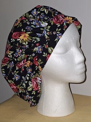 Pretty Flowers on Black Medical Surgical Bouffant Scrub Hat S,M,L - Image 1 of 2