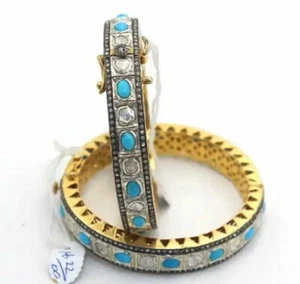 Natural Diamond Polki Turquoise Silver Handmade Wedding Victorian Bangle Jewelry - Picture 1 of 1