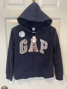 GAP Zip Up Hooded Sweatshirt Navy Blue Sparkle Sequin Logo Girls Nwt Size 12 XL - Picture 1 of 10