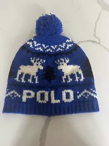 Polo Ralph Lauren Vintage Wool Beanie Blue Flag Moose Ski Snow - Picture 1 of 3