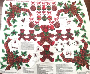 Cranston CHRISTMAS PLAID Fabric Panel APPLIQUE Teddy Bears Holly 44" x 36" B17 - Foto 1 di 7