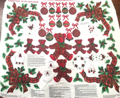 Cranston CHRISTMAS PLAID Fabric Panel APPLIQUE Teddy Bears Holly 44" x 36"  B17 - Image 1 of 4