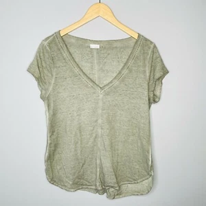 Ecru Linen Blend V-neck Short Sleeve Tee Womens L 3705KT Heathered Green - Picture 1 of 8