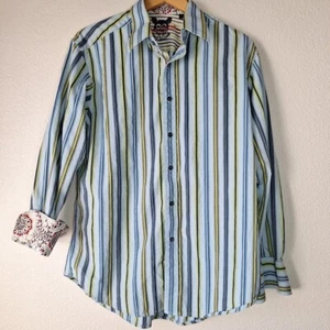 Robert Graham Shirt Mens Large Blue Stripe Flip Cuff Keep Smiling Preppy FLAWS - Picture 1 of 14