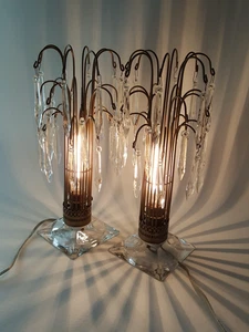 Vintage MCM 40s 50s boudoir dresser lamps pair crystal prisms fountain - Picture 1 of 23